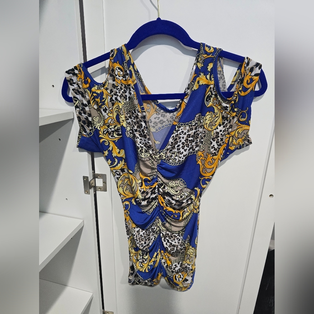 Body Central Blue and Yellow Patterned Top